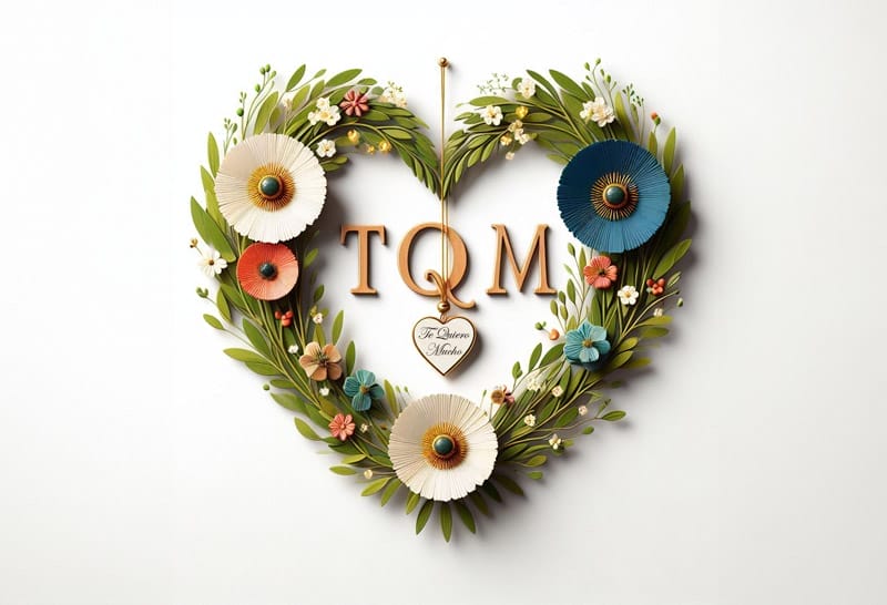 Letras TQM, que están dentro de un corazón con flores, y un collar.