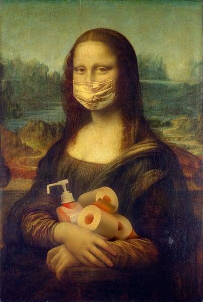 Mona Lisa con cubrebocas, gel, jabón y papel de baño