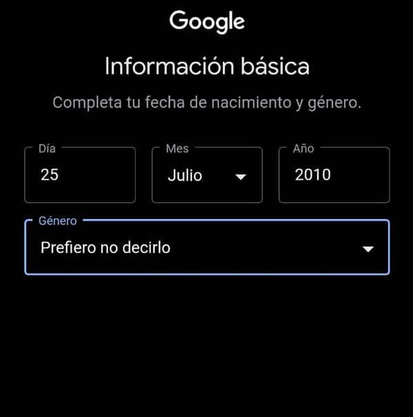 datos para crear cuenta de Gmail