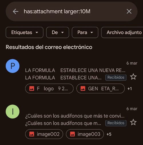 código Gmail has:attachment larger:10M